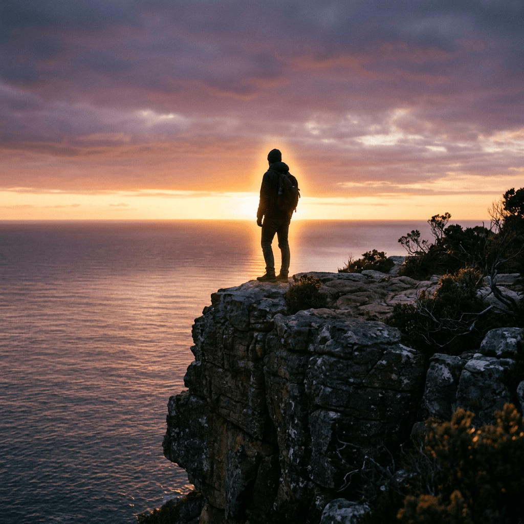Person standing on rocky cliff edge at sunset overlooking ocean